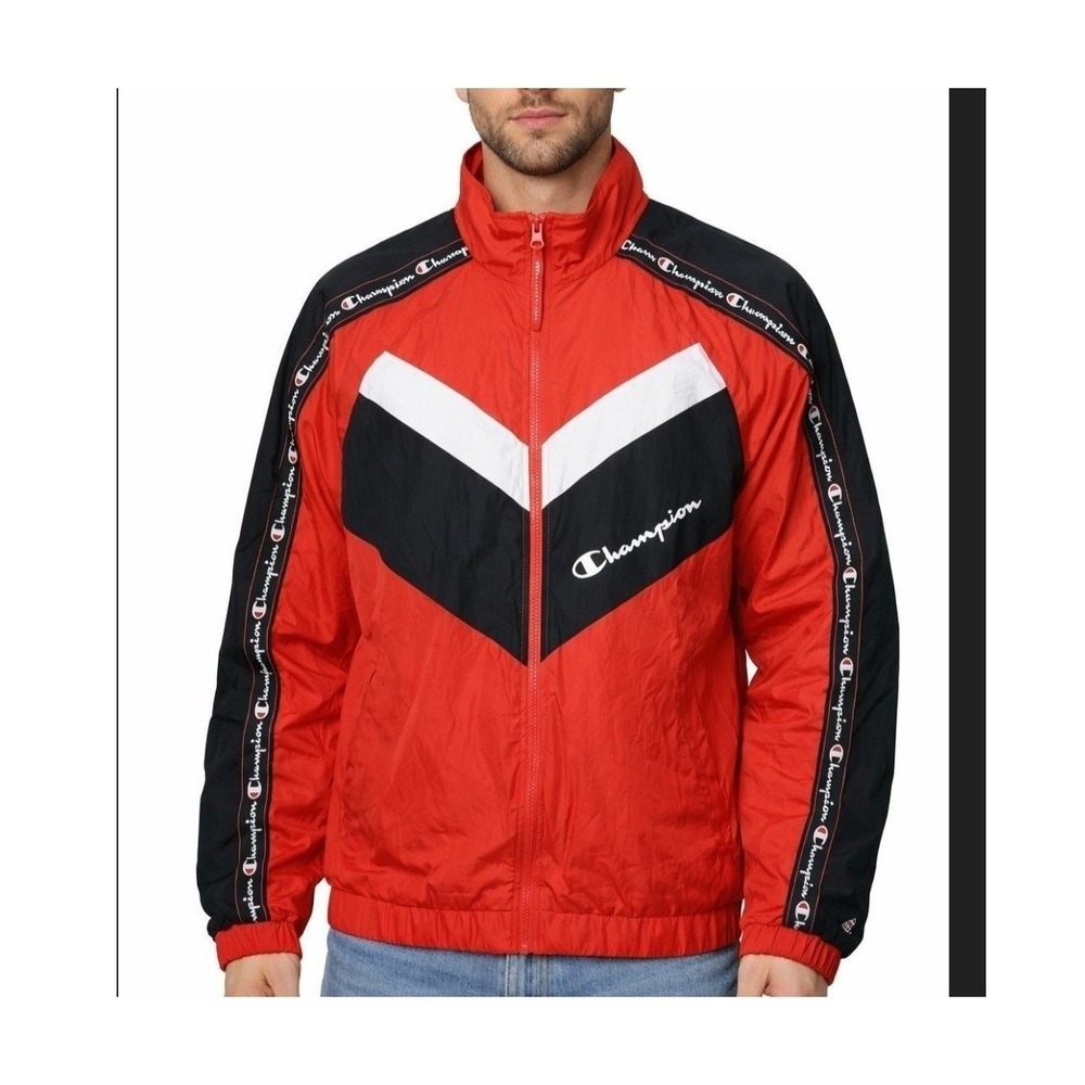 Champion Mens Small Red Black Windbreaker 90s Track Jacket Streetwear NWT